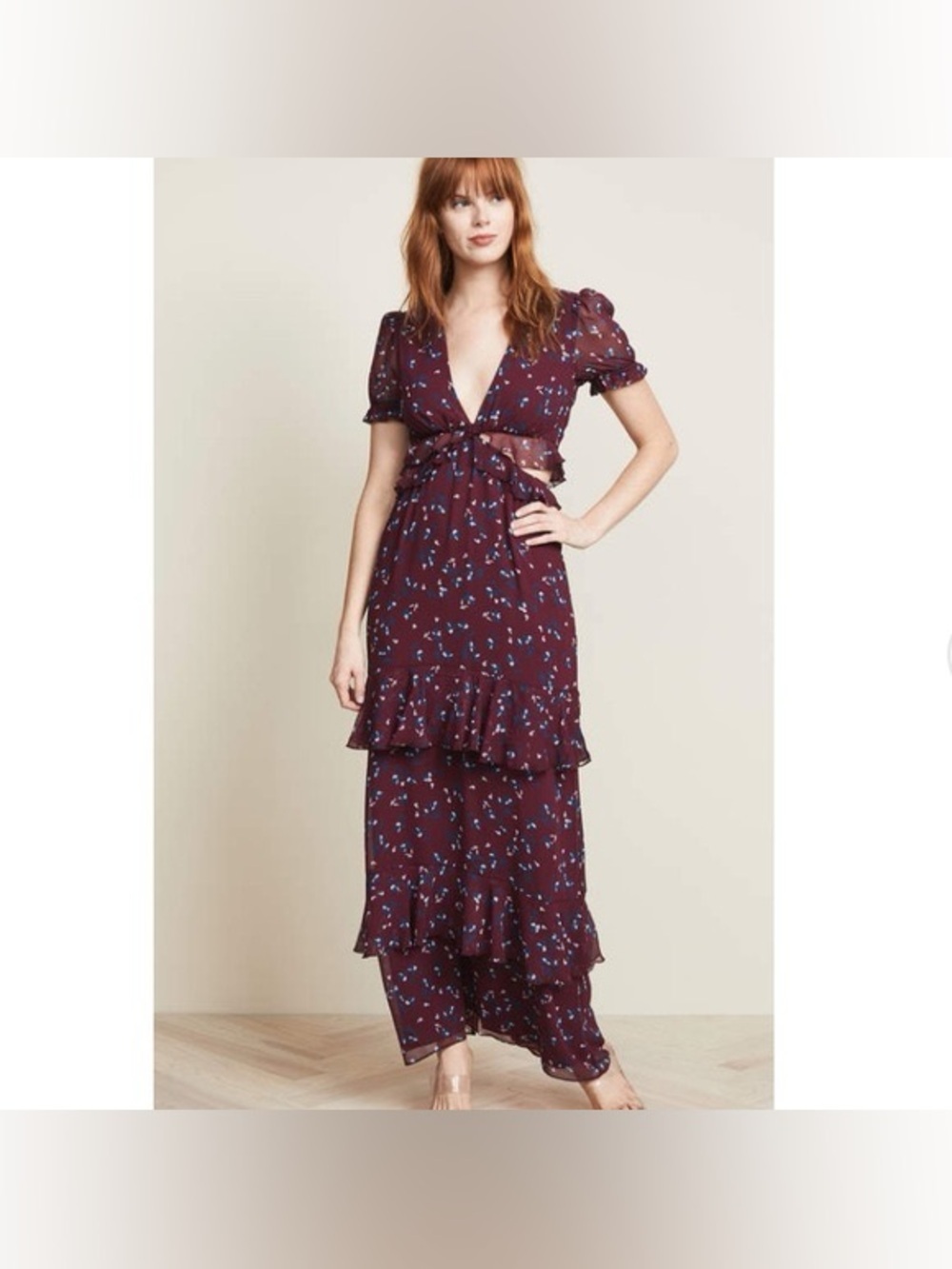 WAYF Deep Plum Floral Tiered Maxi Dress, Size XL